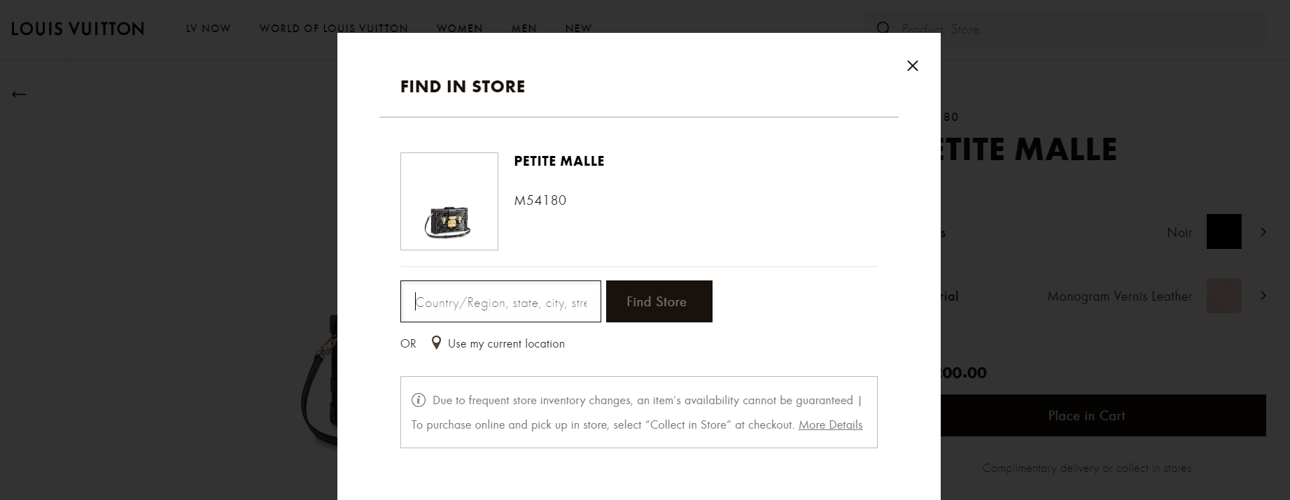 Louis Vuitton find in store website feature